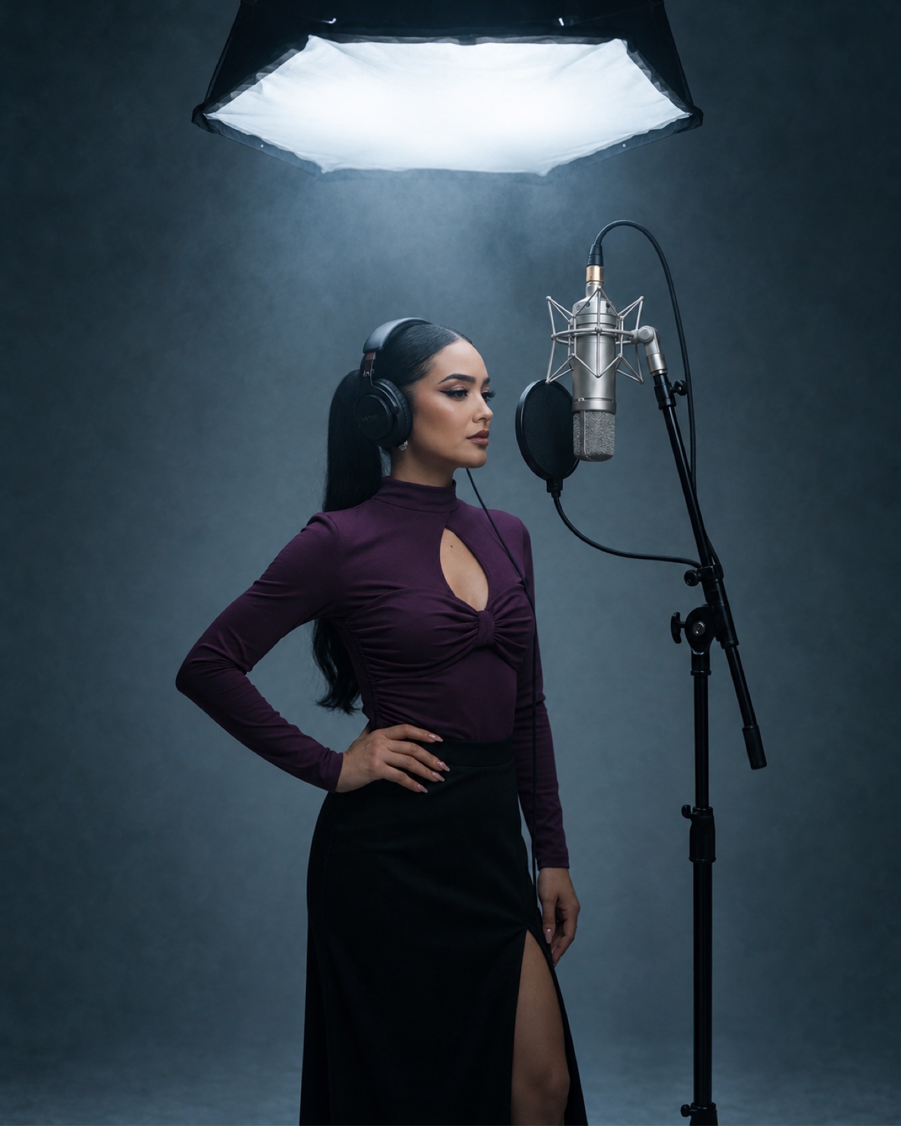 Melissa B. wearing headphones beside a studio microphone